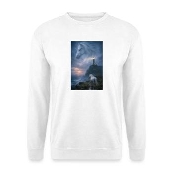 Weißes Pferd am Leuchtturm im Nebel - Unisex Pullover - Weiß - Vorne - Alina (178cm) & Michal (187cm)