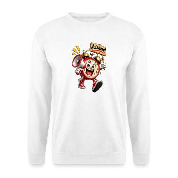 Aufstehen! Cartoon Alarmuhr - Unisex Pullover - Weiß - Vorne - Alina (178cm) & Michal (187cm)