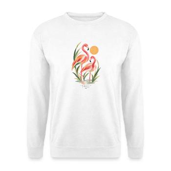 Flamingos unter Palmen und der Sonne – Die Natur der Gnade - Unisex Pullover - Weiß - Vorne - Alina (178cm) & Michal (187cm)