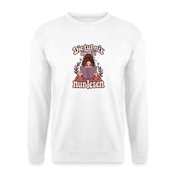 Lesen Spruch – Die tut nix, die will nur lesen - Unisex Pullover - Weiß - Vorne - Alina (178cm) & Michal (187cm)