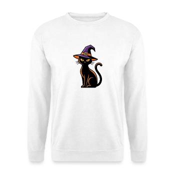 Schwarze Katze trägt zu Halloween einen lila Hexenhut - Unisex Pullover - Weiß - Vorne - Alina (178cm) & Michal (187cm)