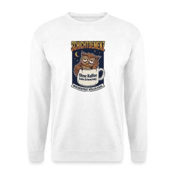 Schichtdemenz Eule – Ohne Kaffee keine Erinnerung - Unisex Pullover - Weiß - Vorne - Alina (178cm) & Michal (187cm)