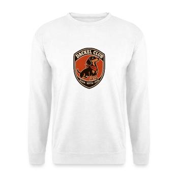 Dackel Club Patch: Klein Mutig Stur - Unisex Pullover - Weiß - Vorne - Alina (178cm) & Michal (187cm)
