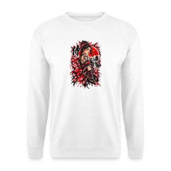 Japan Samurai Kriegerin – Sakura Design - Unisex Pullover - Weiß - Vorne - Alina (178cm) & Michal (187cm)