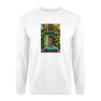 Tropischer Oldtimer im sonnenbeschienenen Innenhof - Unisex Pullover - Weiß - Vorne - Alina (178cm) & Michal (187cm)