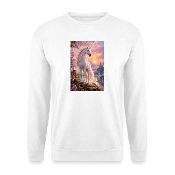 Pastelleinhorn bei Sonnenuntergang über der Burg - Unisex Pullover - Weiß - Vorne - Alina (178cm) & Michal (187cm)