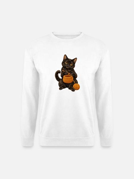 Schwarze Katze häkelt einen Korb - Unisex Pullover - Weiß