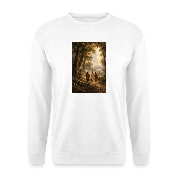 Heilige Reise im Sonnenbeschienenen Wald - Unisex Pullover - Weiß - Vorne - Alina (178cm) & Michal (187cm)