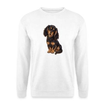 Schwarz-beigefarbener Dackel - Unisex Pullover - Weiß - Vorne - Alina (178cm) & Michal (187cm)