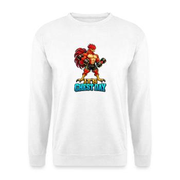 Es ist Brusttag – Muscular Rooster Gym Workout - Unisex Pullover - Weiß - Vorne - Alina (178cm) & Michal (187cm)