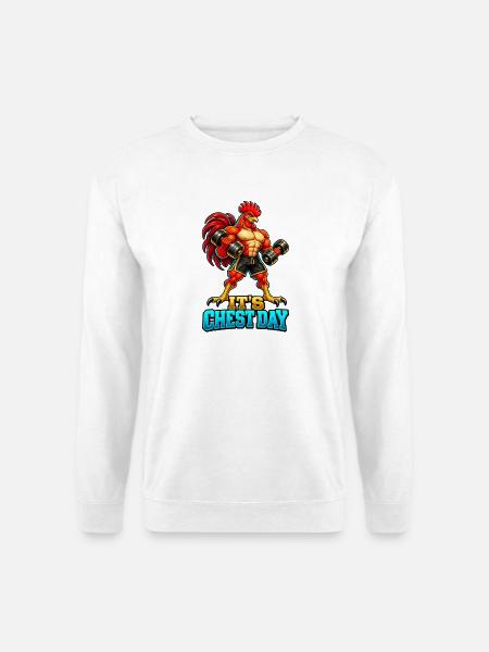 Es ist Brusttag – Muscular Rooster Gym Workout - Unisex Pullover - Weiß