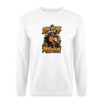 Disziplin übertrifft Motivation - Unisex Pullover - Weiß - Vorne - Alina (178cm) & Michal (187cm)