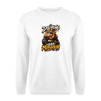 Gekrönter Löwe: Disziplin auf Motivation - Unisex Pullover - Weiß - Vorne - Alina (178cm) & Michal (187cm)
