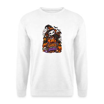 Süßes oder Saures Halloween Katze - Unisex Pullover - Weiß - Vorne - Alina (178cm) & Michal (187cm)