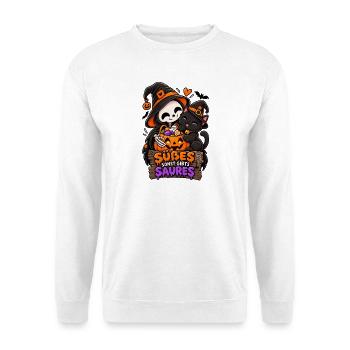 Süßes Skelettchen mit Halloween-Katze - Unisex Pullover - Weiß - Vorne - Alina (178cm) & Michal (187cm)
