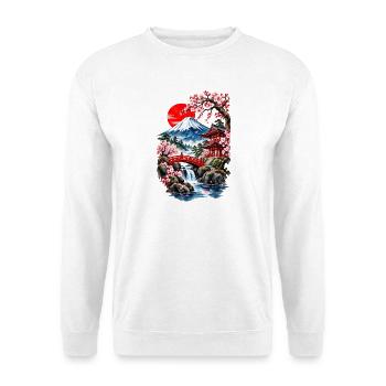 Fuji-Landschaft und Kirschbäume - Unisex Pullover - Weiß - Vorne - Alina (178cm) & Michal (187cm)