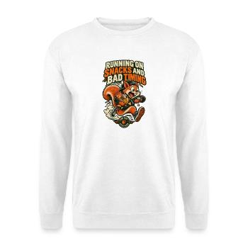 RobVibe Wild Club – Snacks und schlechtes Timing Eichhörnchen - Unisex Pullover - Weiß - Vorne - Alina (178cm) & Michal (187cm)