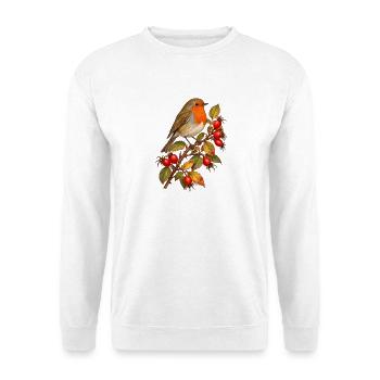 Rotkehlchen mit Hagebutten - Unisex Pullover - Weiß - Vorne - Alina (178cm) & Michal (187cm)