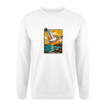 Retro-Möwe bei Sonnenuntergang - Unisex Pullover - Weiß - Vorne - Alina (178cm) & Michal (187cm)
