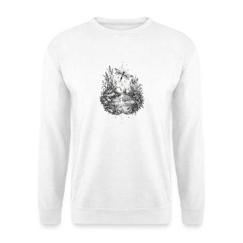 Teichbiotop mit Libelle Frosch und Pflanzen - Unisex Pullover - Weiß - Vorne - Alina (178cm) & Michal (187cm)