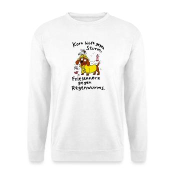 Korn gegen Sturm, Friesennerz gegen Regenwurms - Unisex Pullover - Weiß - Vorne - Alina (178cm) & Michal (187cm)