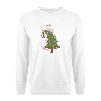Katze hängt im Weihnachtsbaum - Unisex Pullover - Weiß - Vorne - Alina (178cm) & Michal (187cm)