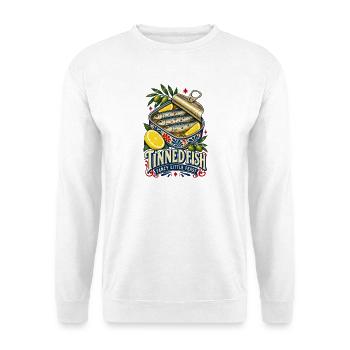 Dosenfisch-Stil Retro-Dosensardinen - Unisex Pullover - Weiß - Vorne - Alina (178cm) & Michal (187cm)
