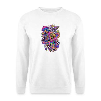 Regenbogenplaneten und Kosmos-Pilze - Unisex Pullover - Weiß - Vorne - Alina (178cm) & Michal (187cm)