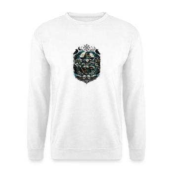 Mondhexenkapitänin mit Axt im Nachtwald - Unisex Pullover - Weiß - Vorne - Alina (178cm) & Michal (187cm)