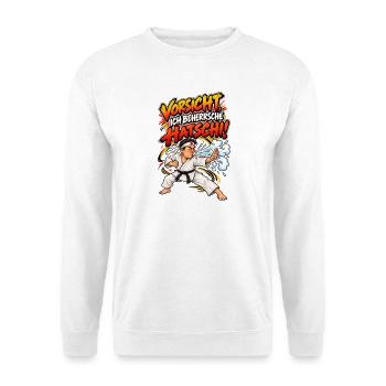 Vorsicht Hatschi Karate Spruch - Unisex Pullover - Weiß - Vorne - Alina (178cm) & Michal (187cm)