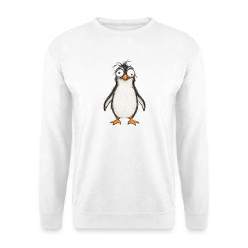 Verrückter Pinguin mit großen Augen – Bleistiftzeichnung - Unisex Pullover - Weiß - Vorne - Alina (178cm) & Michal (187cm)