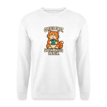 Kaffeekatze: Kaffee Zuerst, Soziale Skills - Unisex Pullover - Weiß - Vorne - Alina (178cm) & Michal (187cm)