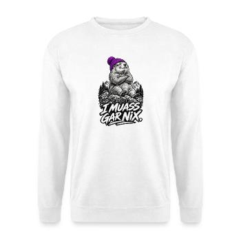 Bergbär mit Lila Mütze – Garnix - Unisex Pullover - Weiß - Vorne - Alina (178cm) & Michal (187cm)