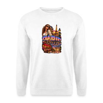 Paris Neon Skyline mit Stilfigur - Unisex Pullover - Weiß - Vorne - Alina (178cm) & Michal (187cm)