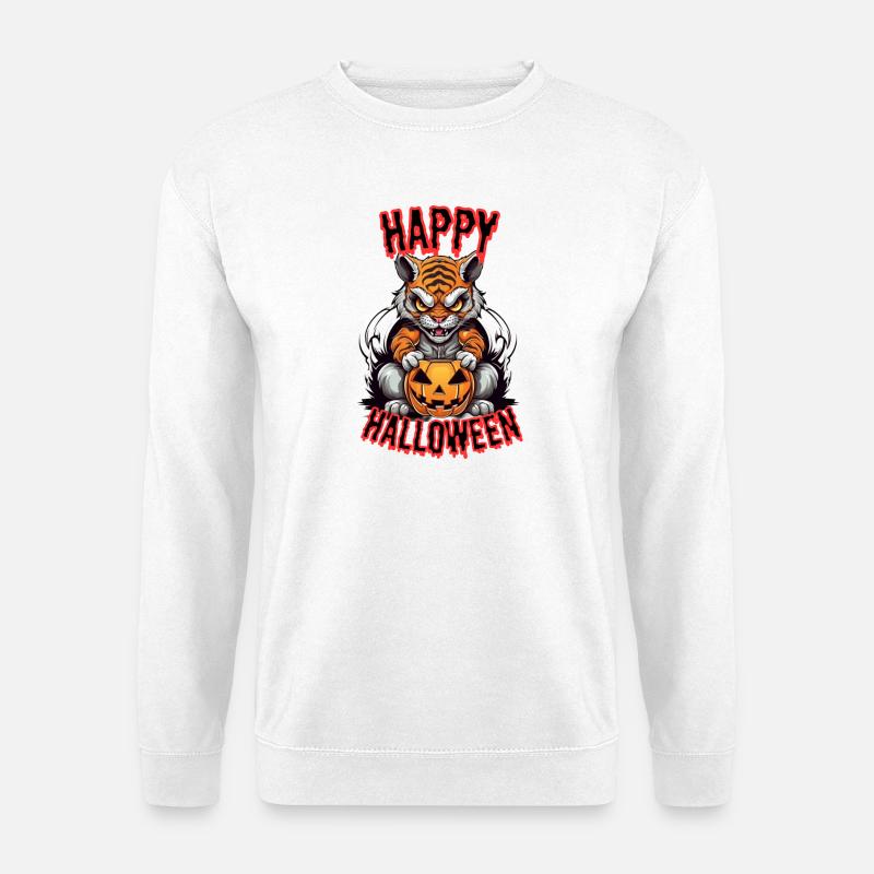 Grimmiger Halloween-Kater mit Kürbis - Unisex Pullover - Weiß