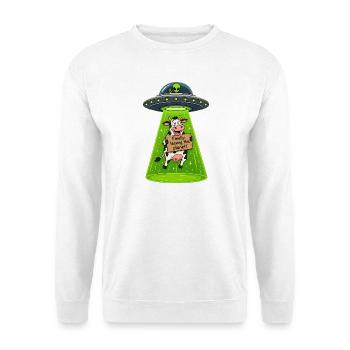 UFO Kuh: Endlich Verlassen Diesen Planeten - Unisex Pullover - Weiß - Vorne - Alina (178cm) & Michal (187cm)