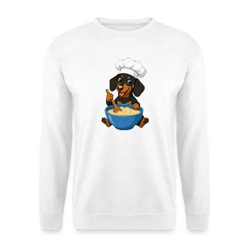 Der Dackelkoch zaubert Kuchenteig - Unisex Pullover - Weiß - Vorne - Alina (178cm) & Michal (187cm)