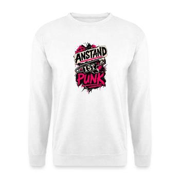 Anstand ist Punk – Pinkes Statement mit Nadel - Unisex Pullover - Weiß - Vorne - Alina (178cm) & Michal (187cm)