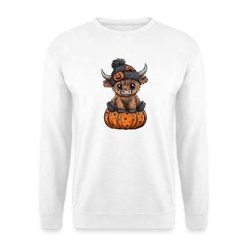 Kürbis-Kuh im Halloween-Look - Unisex Pullover - Weiß - Vorne - Alina (178cm) & Michal (187cm)