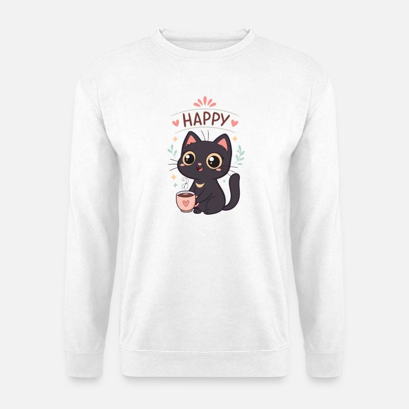 Schwarze Katze Glücklicher Kaffee - Unisex Pullover - Weiß