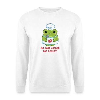 Kochfrosch mit Kuss-Schürze - Was kochen wir heute - Unisex Pullover - Weiß - Vorne - Alina (178cm) & Michal (187cm)