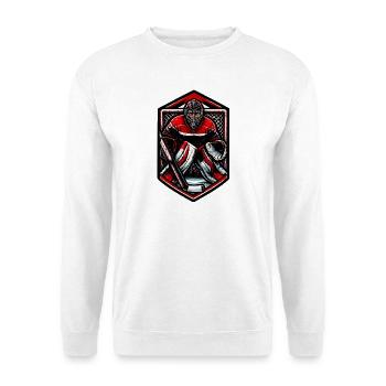 Roter Torwart im Hockey-Design - Unisex Pullover - Weiß - Vorne - Alina (178cm) & Michal (187cm)