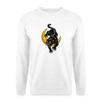 Schwarze Katze vor der Mondsichel – Tattoo - Unisex Pullover - Weiß - Vorne - Alina (178cm) & Michal (187cm)