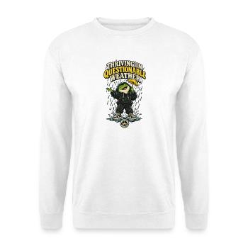 RobVibe Wild Club – Frosch bei fragwürdigem Wetter - Unisex Pullover - Weiß - Vorne - Alina (178cm) & Michal (187cm)