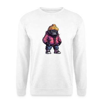 Gorilla mit bunter Winterjacke und Mütze - Unisex Pullover - Weiß - Vorne - Alina (178cm) & Michal (187cm)