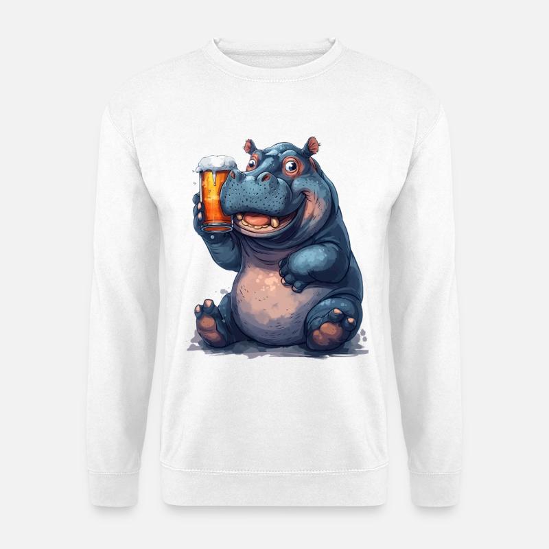 Nilpferd mit Bierglas Cartoon-Print - Unisex Pullover - Weiß