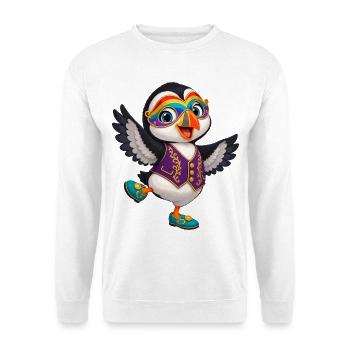 Karnevals-Pinguin im Lila-Weste - Unisex Pullover - Weiß - Vorne - Alina (178cm) & Michal (187cm)