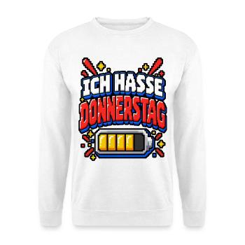 Ich hasse Donnerstag – Pixel Büro Spruch - Unisex Pullover - Weiß - Vorne - Alina (178cm) & Michal (187cm)