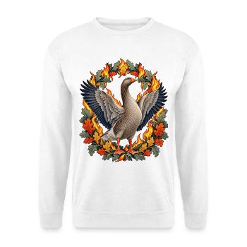 Graugans im Martinsfeuer-Blätterbogen - Unisex Pullover - Weiß - Vorne - Alina (178cm) & Michal (187cm)