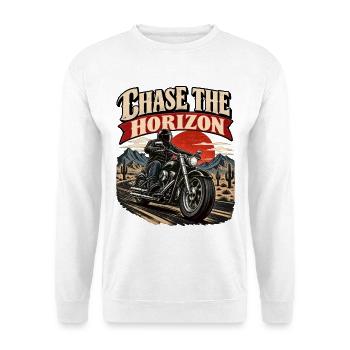 RobVibe Motorradfahrer Chase the Horizon - Unisex Pullover - Weiß - Vorne - Alina (178cm) & Michal (187cm)